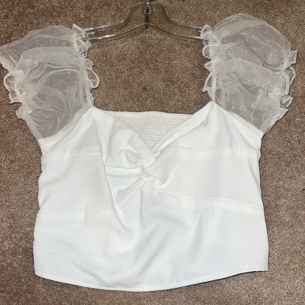 White short butterfly sleeve mesh panel top